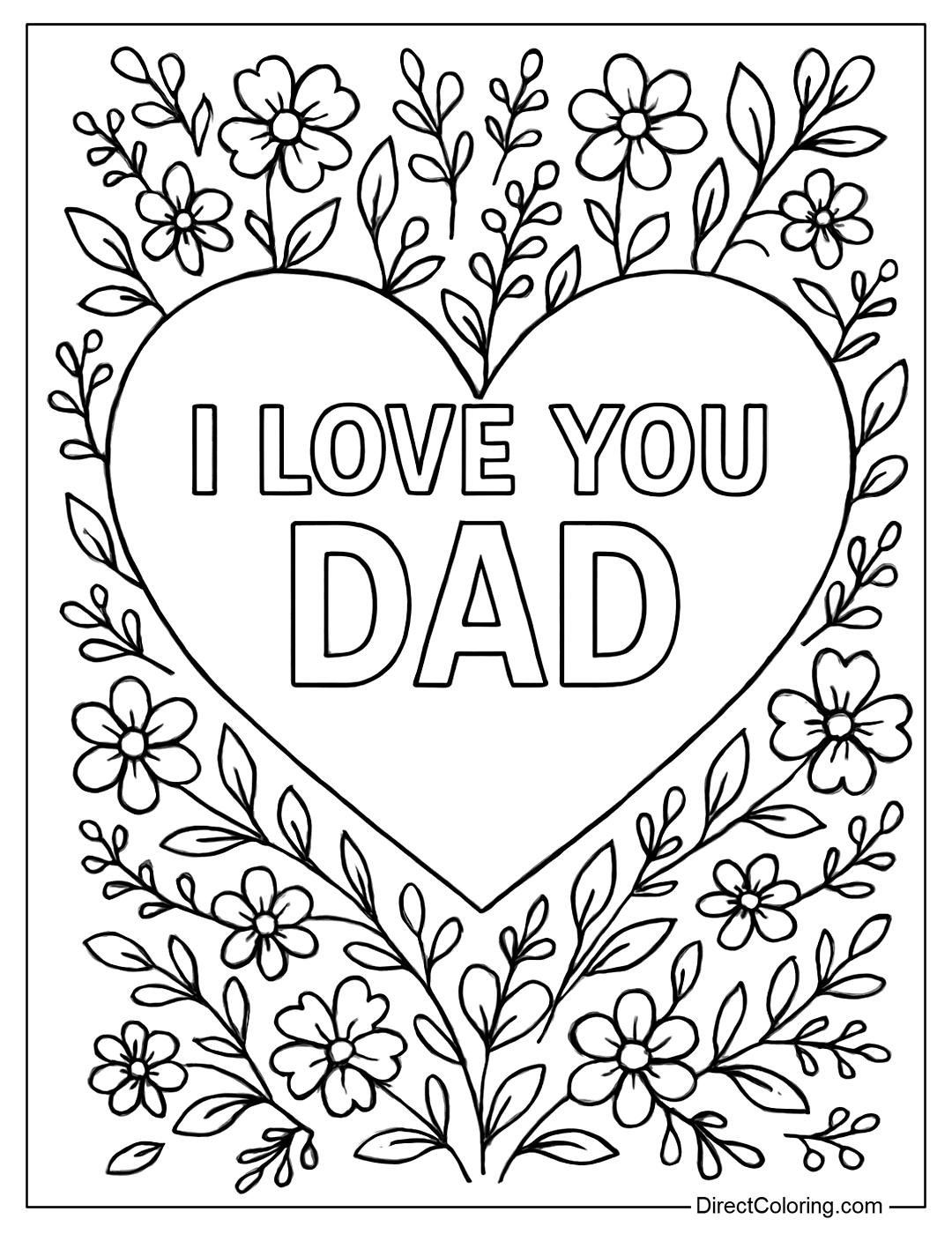 A large heart coloring page with the words I Love You Dad and a pattern around it.